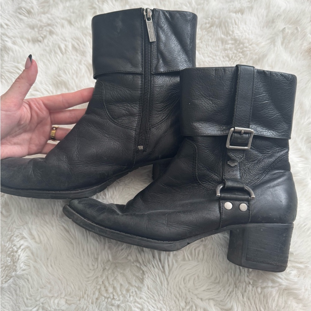 Harley-Davidson Black Leather Ankle Booties with Buckle Straps
